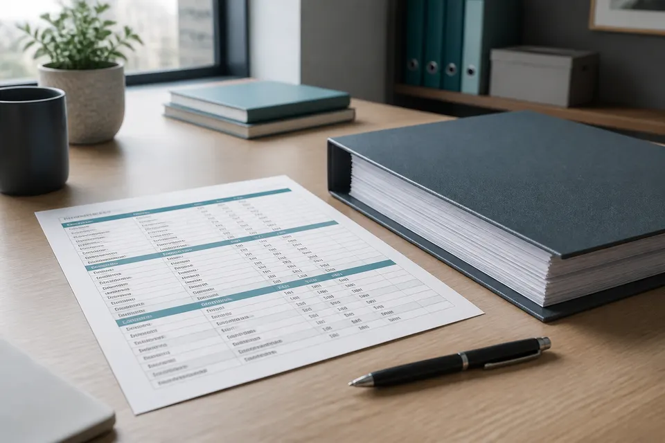 Commercial lease abstract spreadsheet beside a lease binder