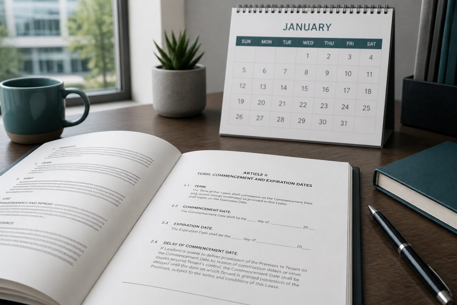 Commercial lease documents and a calendar marking a commencement date