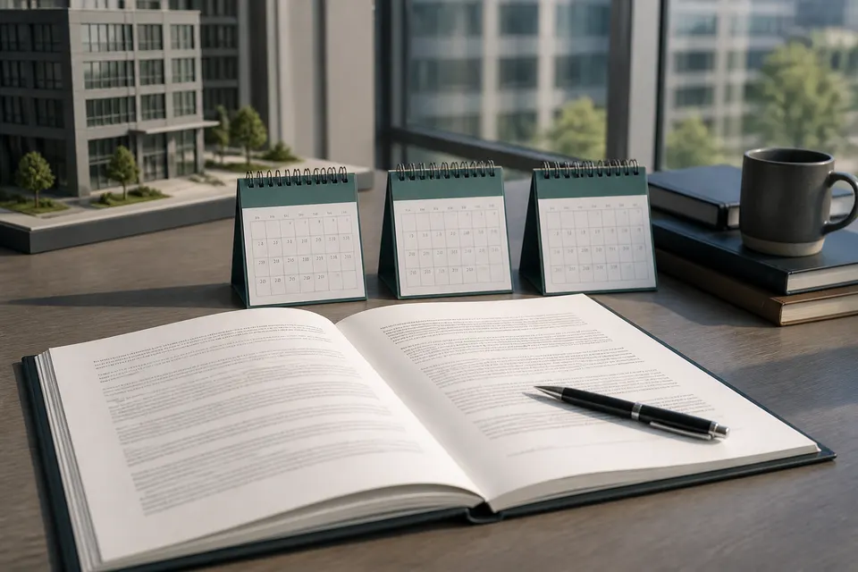 Commercial lease documents and calendar pages comparing key lease dates