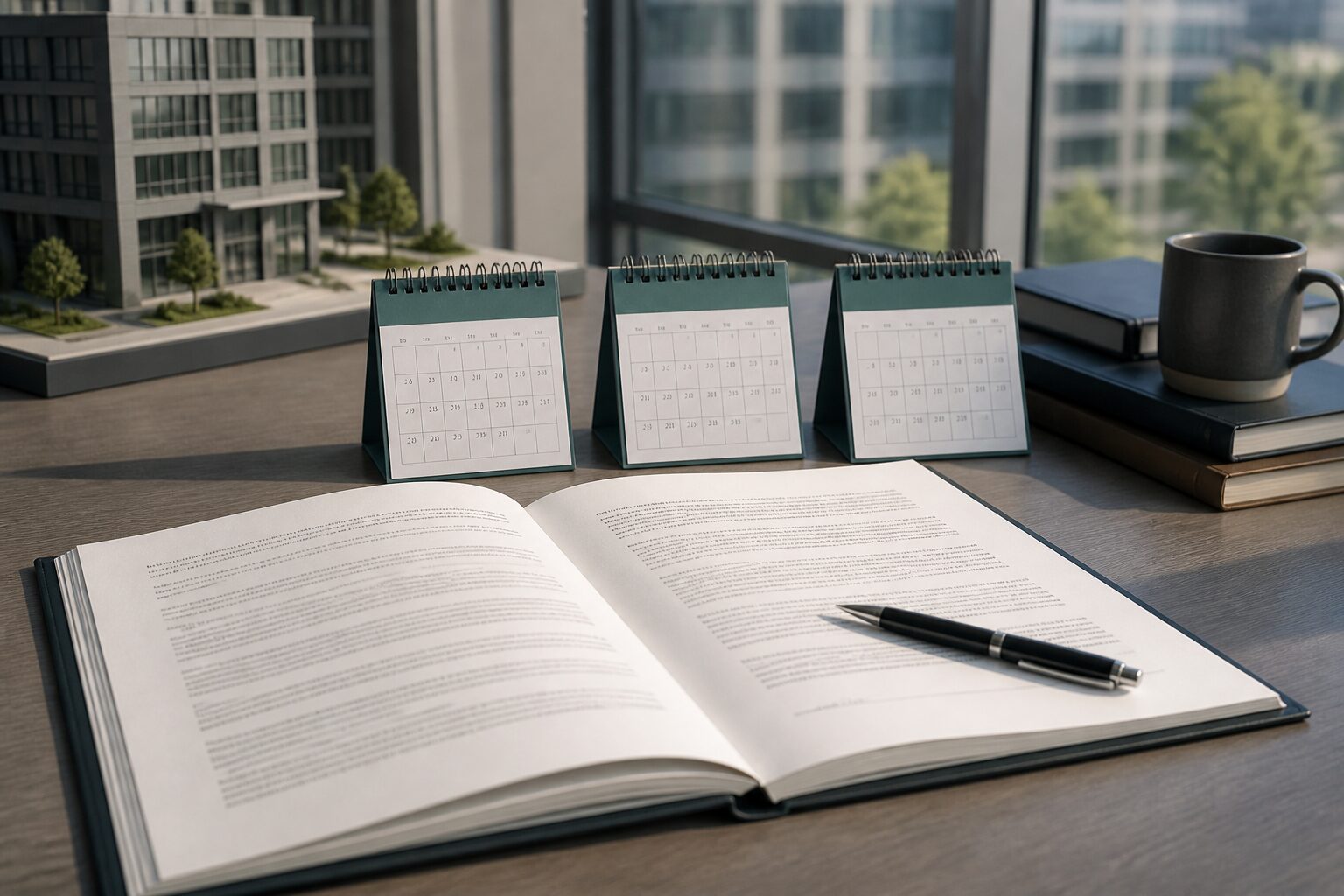 Commercial lease documents and calendar pages comparing key lease dates
