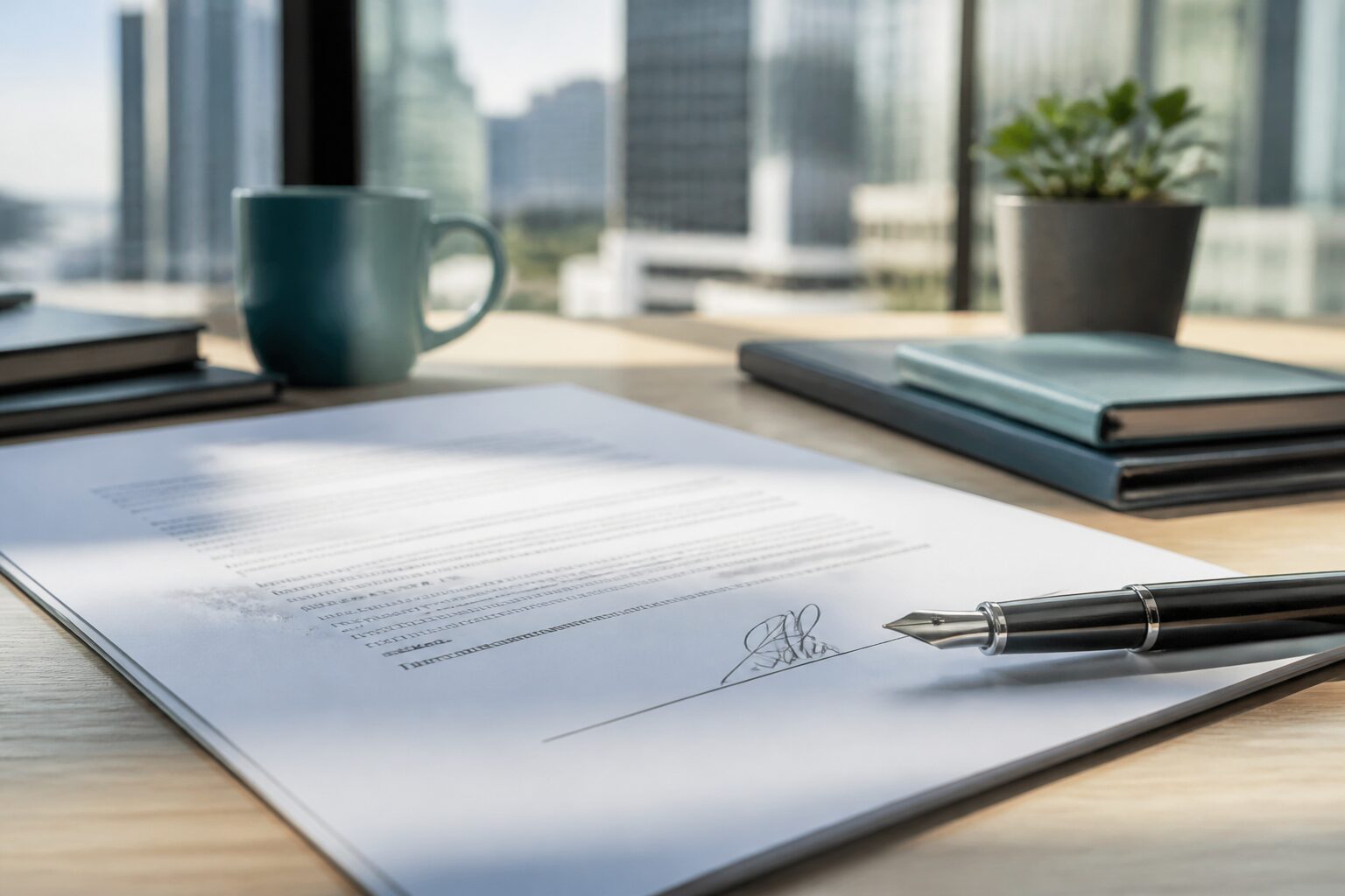 Signed commercial lease and pen on a desk