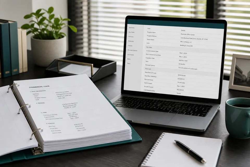 Commercial lease binder and laptop showing a structured lease abstract