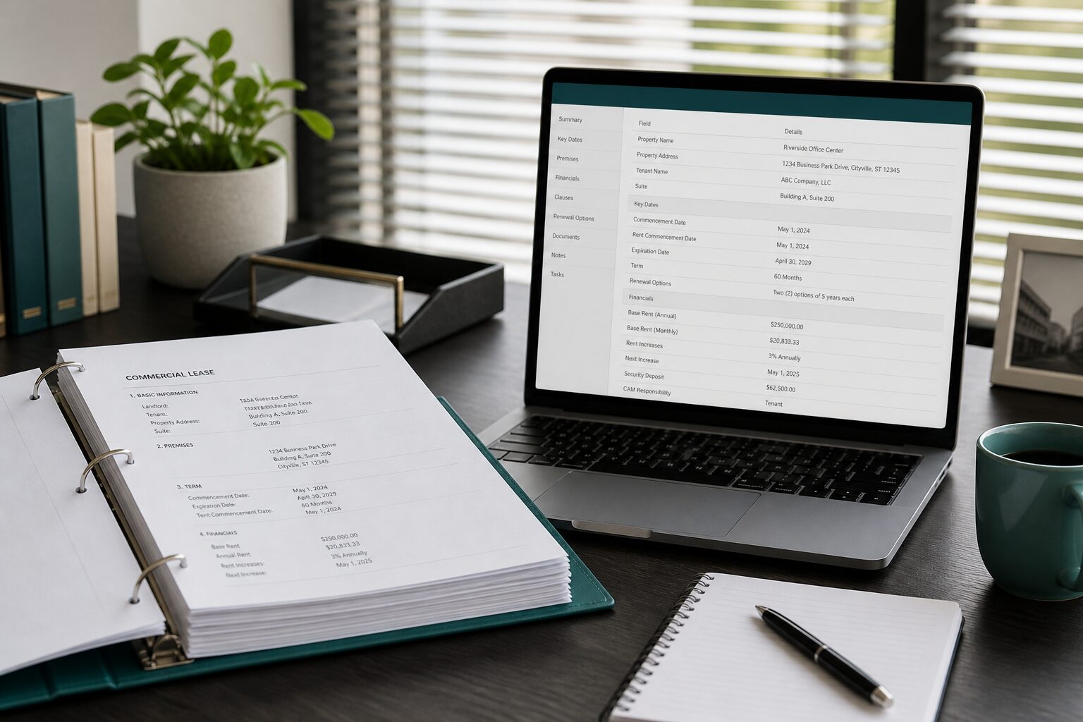 Commercial lease binder and laptop showing a structured lease abstract