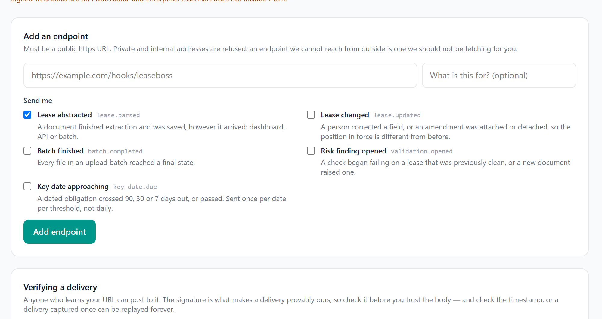 LeaseBoss webhook settings for subscribing an endpoint to lease, batch, and key-date events